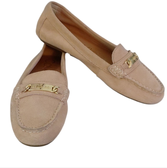 NEW Calvin Klein Soft Suede Tan Loafers Gold Emblem size 8 - Picture 1 of 10